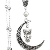 Owl Crescent Pearl Handmade Necklace on a Sterling Silver Chain