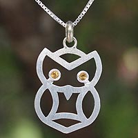 Bright Owl, Hand Crafted Sterling Silver and Citrine Bird Necklace