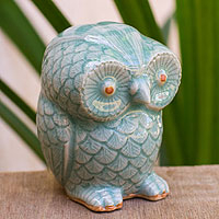 
							Little Blue Owl, Blue Celadon Ceramic Owl Figurine
						