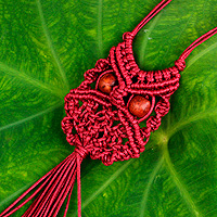 Scarlet Owl, Red Cotton Macrame Owl Necklace