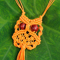 
							Orange Owl, Orange Cotton Macrame Owl Necklace
						