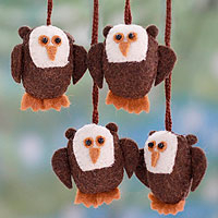 
							Solemn Brown Owls, Four Handmade Owl Ornaments Set
						