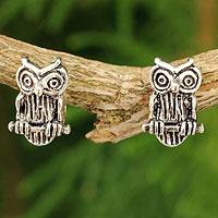Wise Little Owl, Silver Bird Theme Earrings