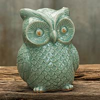Light Green Wise Owl, Handcrafted Glazed Celadon Ceramic Owl Statuette