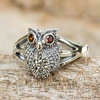 Little Owl, Thai Garnet and Marcasite Sterling Silver Cocktail Ring