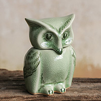 
Happy Green Owl, Fair Trade Green Celadon Ceramic Owl Jar with Lid
