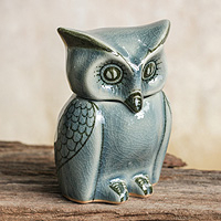 Happy Blue Owl, Artisan Crafted Small Blue Ceramic Owl Storage Jar
