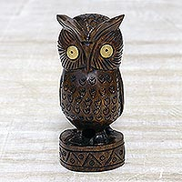 Vigilant Owl, Antiqued Wood Bird Statuette Carved by Hand in India