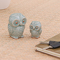 
Little Light Blue Owls, Hand Made Celadon Ceramic Owl Figurines from Thailand (Pair)
