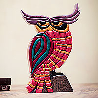 Pensive Owl, Multicolor Owl Statuette Cedar and Mahogany Sculpture