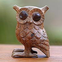 Owl Wisdom, Artisan Crafted Wood Statuette of Wide Eyed Owl from Bali