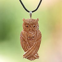 Brown Owl Family, Leather and Bone Artisan Crafted Owl Pendant Necklace