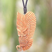 Guardian Owl, Owl Bone Pendant Necklace with Leather Cord from Bali