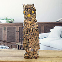 Watchful Owl, Wooden Upright Owl Sculpture Hand Carved in Ghana