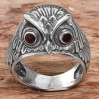 Night Watcher in Red, Sterling Silver Garnet Owl Domed Ring from Indonesia