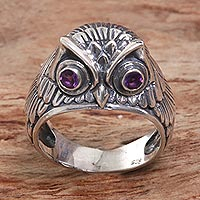 Night Watcher in Purple, Sterling Silver Amethyst Owl Domed Ring from Indonesia