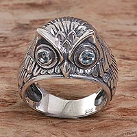 Night Watcher in Blue, Sterling Silver Blue Topaz Owl Domed Ring from Indonesia