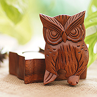 
							Serious Owl, Hand Carved Wood Puzzle Box Owl Shape from Indonesia
						