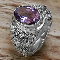 Worried Owl, Sterling Silver Amethyst Single Stone Ring from Indonesia