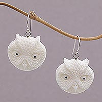 Owl Faces, Handcrafted Bone Owl Head Dangle Earrings from Bali