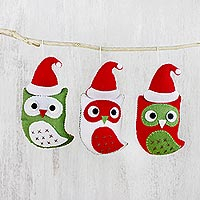 Santa's Owls (set of 3), Felt Owl Christmas Ornaments Set of 3 from Thailand