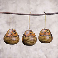
Sweet Guardians, Dried Mate Gourd Hanging Owl Ornaments from Peru (set of 3)
