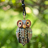 Charming Owl, Artisan Handmade Clay Owl Pendant Necklace Cotton Cord