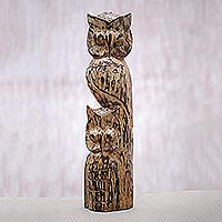 Owl Totem, Hand Carved Albesia Wood Owl Totem Statuette from Bali