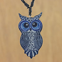 Alluring Blue Owl, Thai Handmade Blue Ceramic Owl Adjustable Pendant Necklace