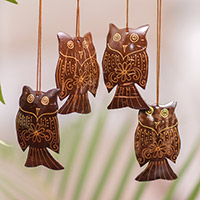 
							Hanging Owls, Set of 4 Javanese Coconut Shell Owl Figure Ornaments
						