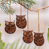 
							Watchful Owls, Set of Javanese Handmade Coconut Shell Owl Figure Ornaments
						
