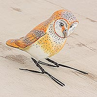 Standing Owl, Handcrafted White and Orange Barn Owl Ceramic Figurine