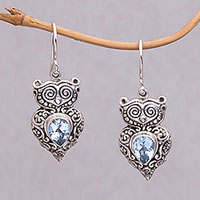 Owl Teardrops, Blue Topaz and Sterling Silver Owl Earrings from Java