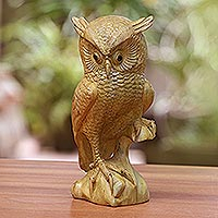 Bird of Prey, Hand-Carved Wood Owl Sculpture from Bali