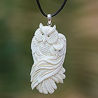 Owl Affection, Mother and Child Bone Owl Pendant Necklace from Bali