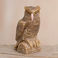 
							Protective Owl, Calcite and Rose Quartz Gemstone Owl Sculpture from Peru
						