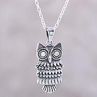 Owl Flair, Combination Finish Sterling Silver Owl Pendant Necklace
