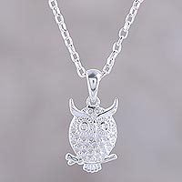 Hooting Owl, Sterling Silver Owl Pendant Necklace from India