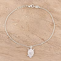 Hooting Owl, Sterling Silver Owl Charm Bracelet from India