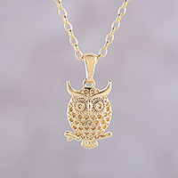 Hooting Owl, Gold Plated Sterling Silver Owl Pendant Necklace from India