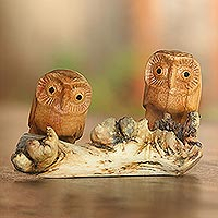 
							Owl Romance, Jempinis Wood Owl Sculpture from Bali
						