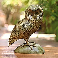 Intelligent Owl, Hand-Carved Hibiscus Wood Owl Sculpture from Bali