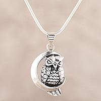 
							Crescent Moon Owl, Sterling Silver Crescent Owl Pendant Necklace
						
