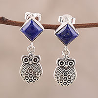 Royal Owls, Lapis Lazuli Owl Dangle Earrings from India
