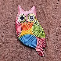 
							Rainbow Owl, Colorful Ceramic Owl Brooch from Thailand
						