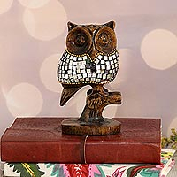 
							Glimmering Owl, Wood and Glass Owl Sculpture from India (5 Inch)
						