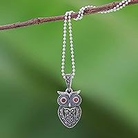 Mother Owl with Owlet, Sterling Silver Owl Necklace with Garnet and Marcasite