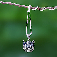 Bright-Eyed Owl, Marcasite and Garnet Owl Pendant Necklace