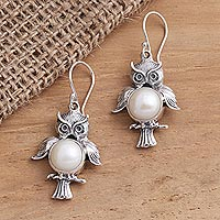 Wise Owls, Sterling Silver Cultured Pearl Owl Dangle Earrings