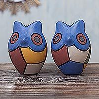 
Cubist Owls in Blue, Colorful Ceramic Chulucanas Owl Sculptures (Pair)
